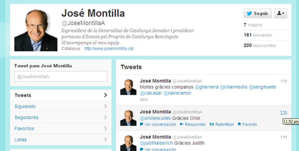 El compte de Twitter de l’expresident de la Generalitat José Montilla. El compte de Twitter de l’expresident de la Generalitat José Montilla.