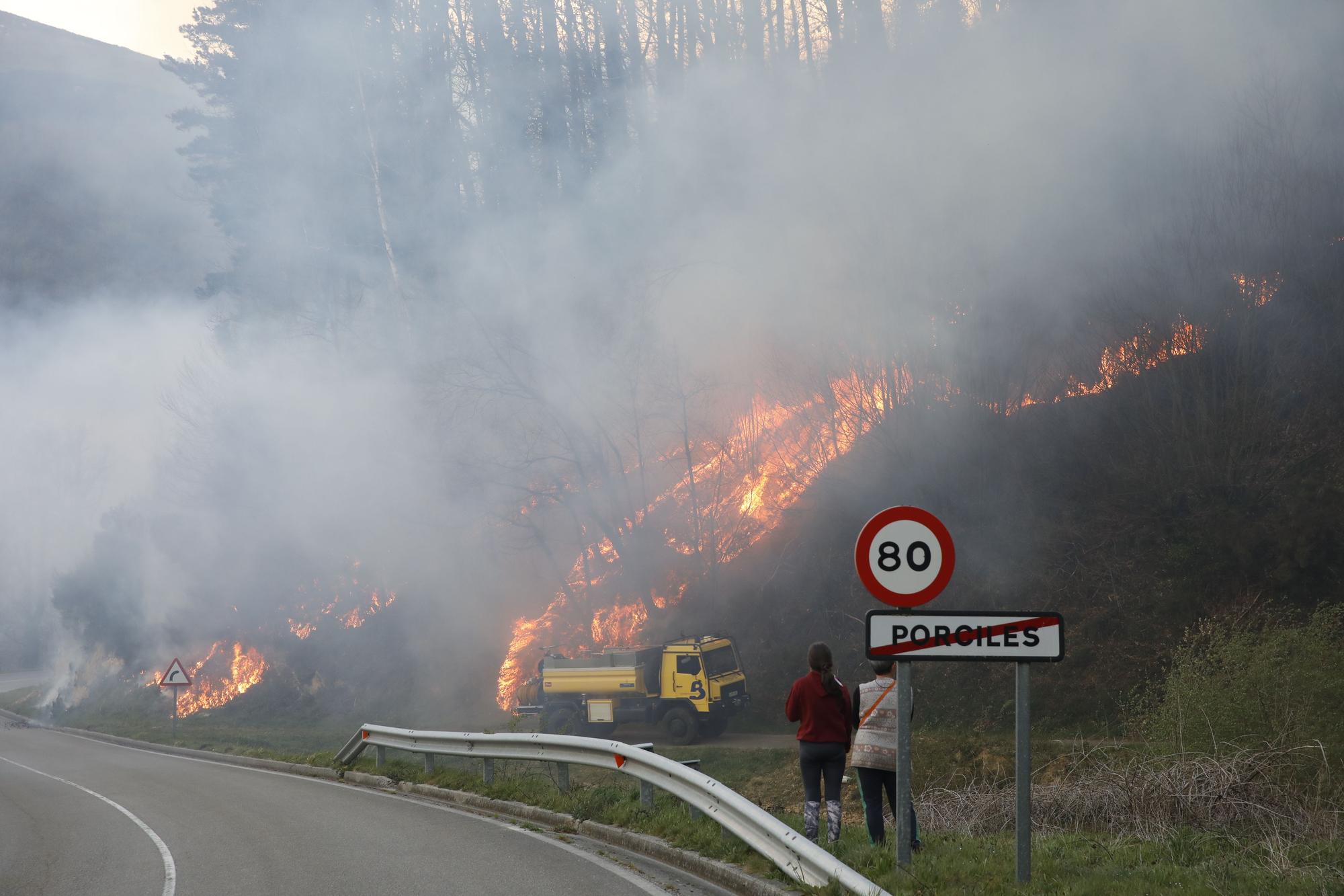 EN IMÁGENES: bomberos, vecinos y la UME luchan contra el preocupante incendio en Tineo