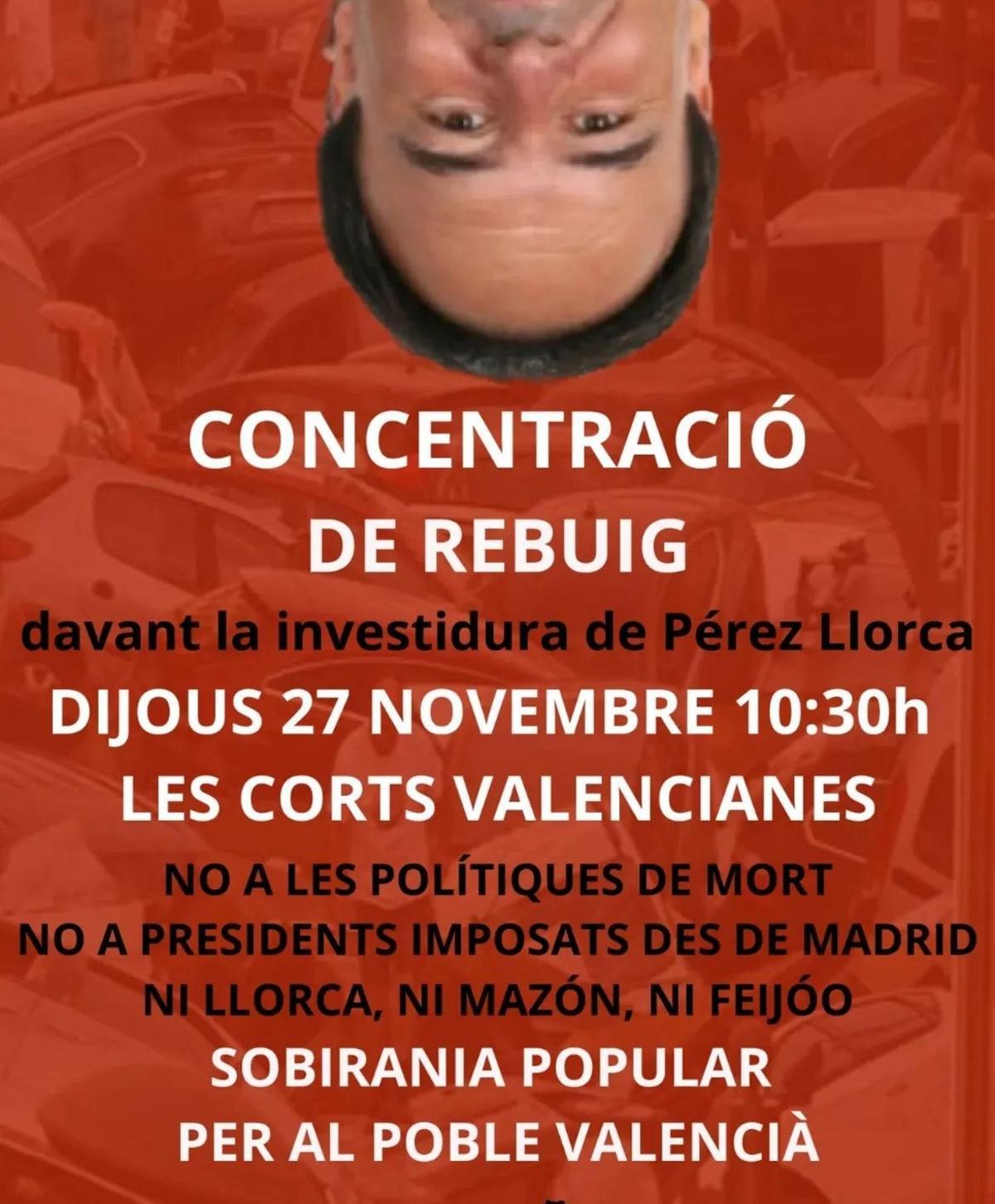 Convocatoria de la concentración ante la investidura de Pérez Llorca