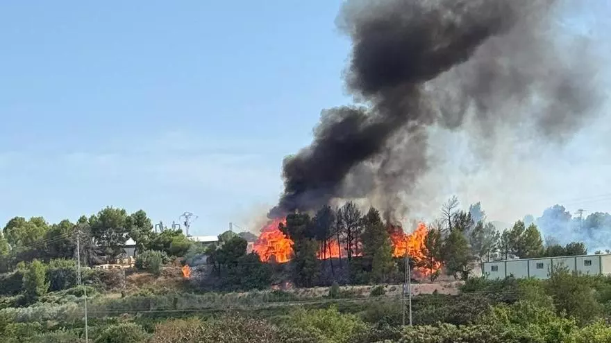 Los bomberos trabajan en el incendio de una empresa de pallets en Algar del Palància