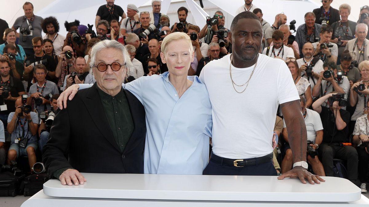 El realizador George Miller y los actores Tilda Swinton e Idris Elba en la presentación de ’Tres mil años esperándote’ en Cannes.