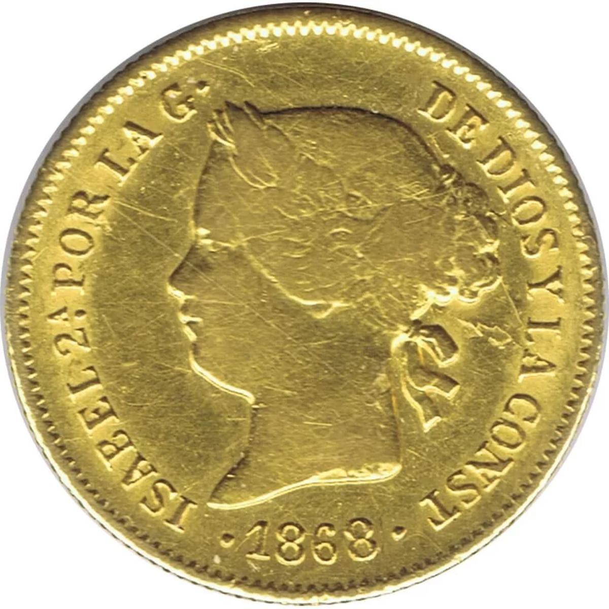 moneda de oro isabel ii 1 peso 1868 filipinas manila