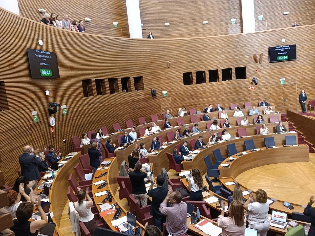 La izquierda aplaude a los representantes de las víctimas de la dana, en el pleno de las Corts.