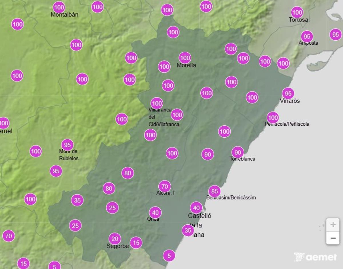Probabilidades de precipitación en la provincia de Castellón el martes 12 de mayo de 12h a 18h