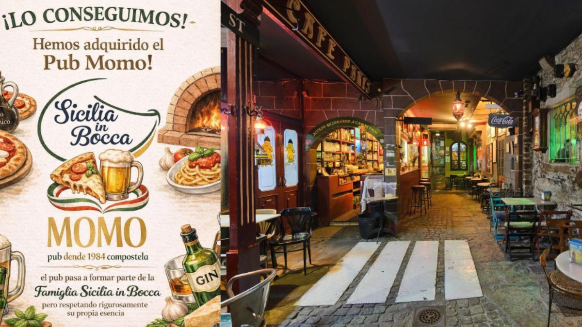 Cartel en las redes del Sicilia in Bocca sobre la compra; al lado, vista del pub Momo, icono de Santiago.