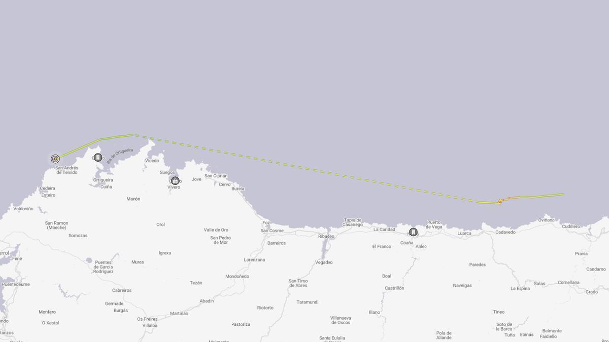 La ruta efectuada por el barco naufragado