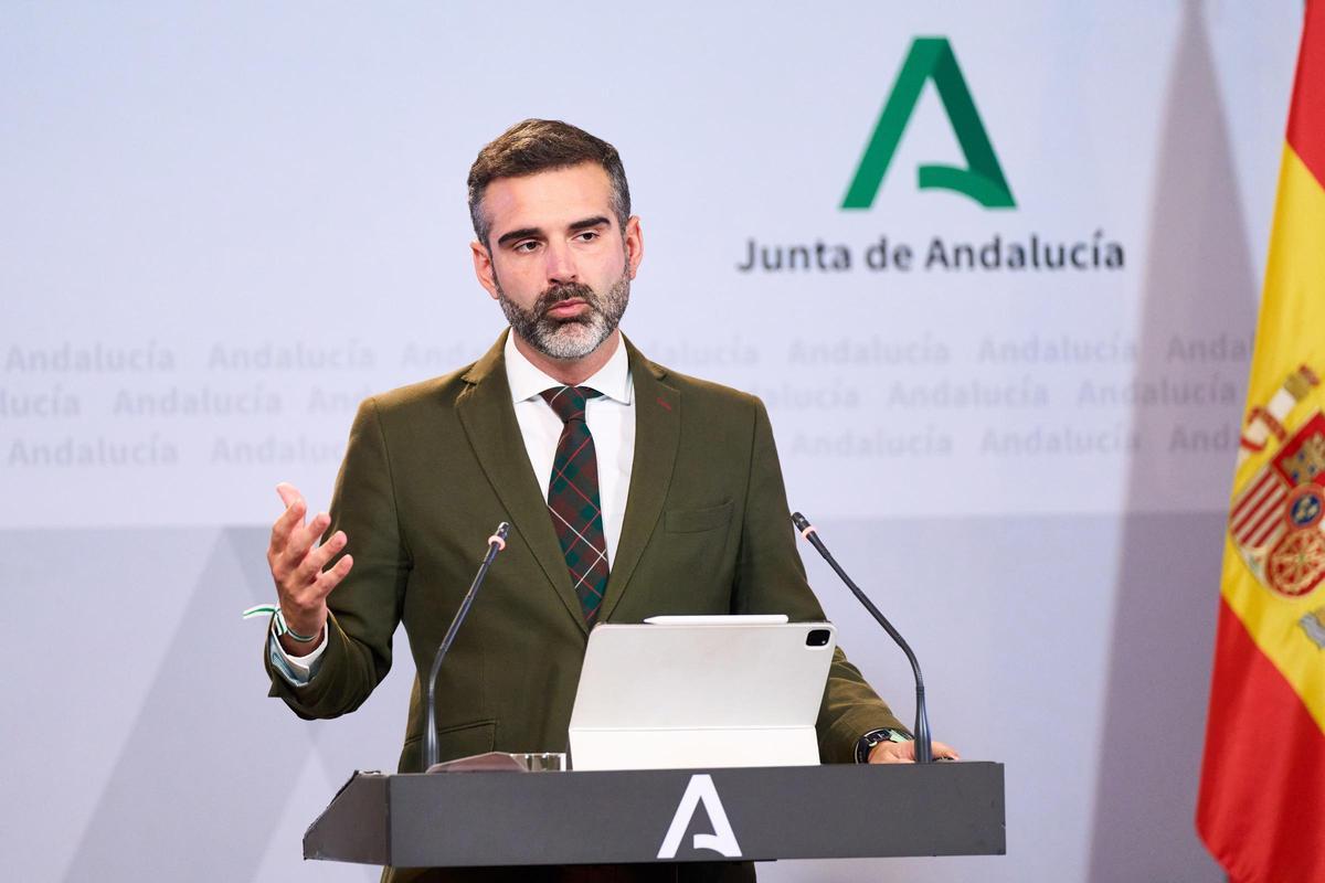 El consejero de Sostenibilidad y portavoz del Gobierno andaluz, Ramón Fernández-Pacheco, este martes en la rueda de prensa del Consejo de Gobierno.