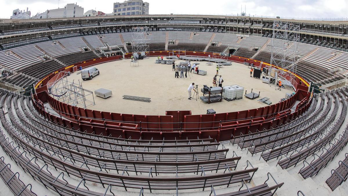 La Plaza de Toros de Valencia, preparada para acoger la clausura de la Convención Nacional del Partido Popular, a 29 de septiembre de 2021, en València, Comunidad Valenciana (España).