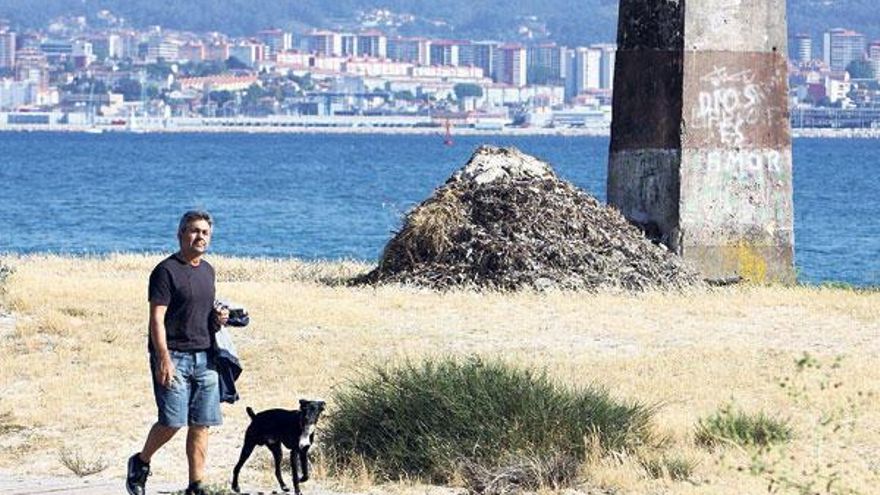 El obelisco de Rodeira sigue rodeado de basura; el plan de limpieza de playas es otro motivo de crítica del PSOE cangués. // Carmen Giménez