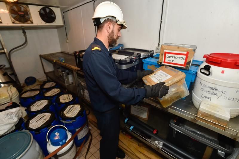 26-05-2018 LAS PALMAS DE GRAN CANARIA. El buque de Investigación Oceanográfica Hespérides entrega las muestra científicas traidas de la Antártida al buque oceanográfico Ángeles Alvariño, en la Base Naval de Las Palmas. Fotógrafo: ANDRES CRUZ  | 26/05/2018 | Fotógrafo: Andrés Cruz