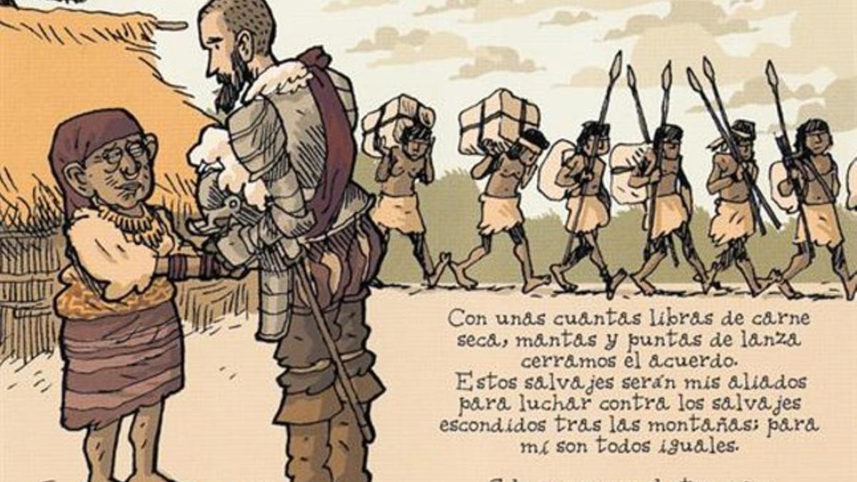 Viñeta de 'El otro mar', con Núñez de Balboa hablando con una cacique indígena.