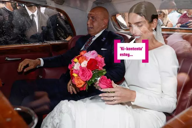 Marta López Álamo, en plan 'aprovecher' con el velo de su vestido de novia