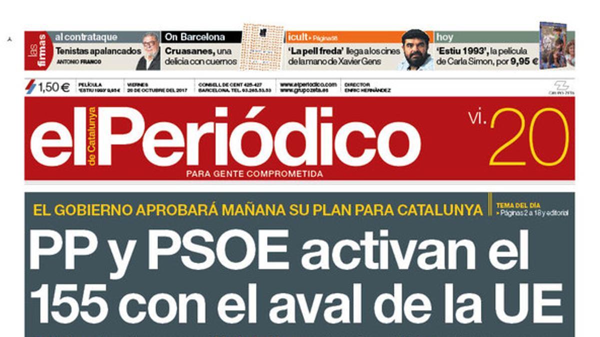 La portada de EL PERIÓDICO del 20 de octubre del 2017.