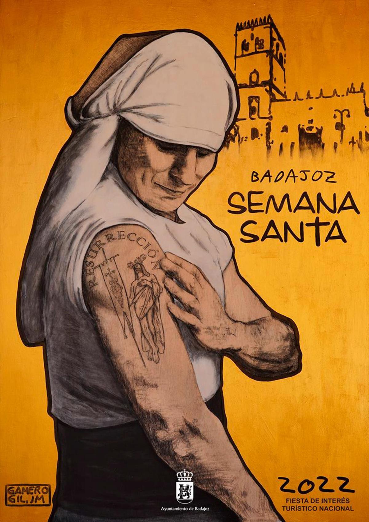 Cartel anunciador de la Semana Santa de Badajoz 2022, obra de José Manuel Gamero Gil.