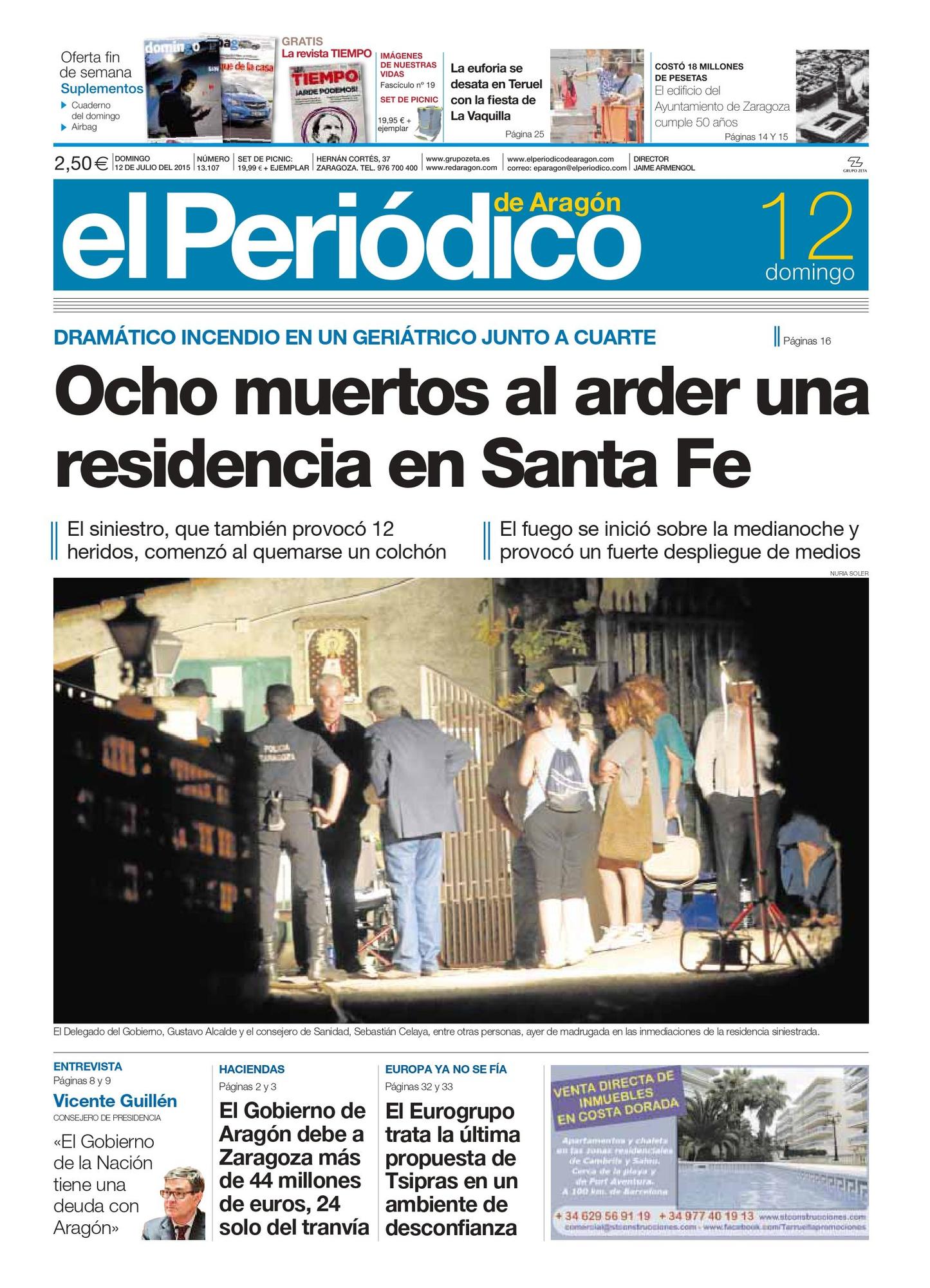 Portada de El Periódico de Aragón del 12 de julio de 2015