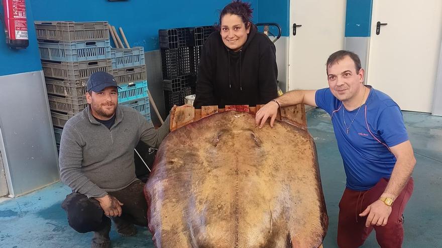 Rodrigo Villar (de azul), el pescadero que compró la impresionante pieza, posa junto a dos marineros en la lonja de Redondela.