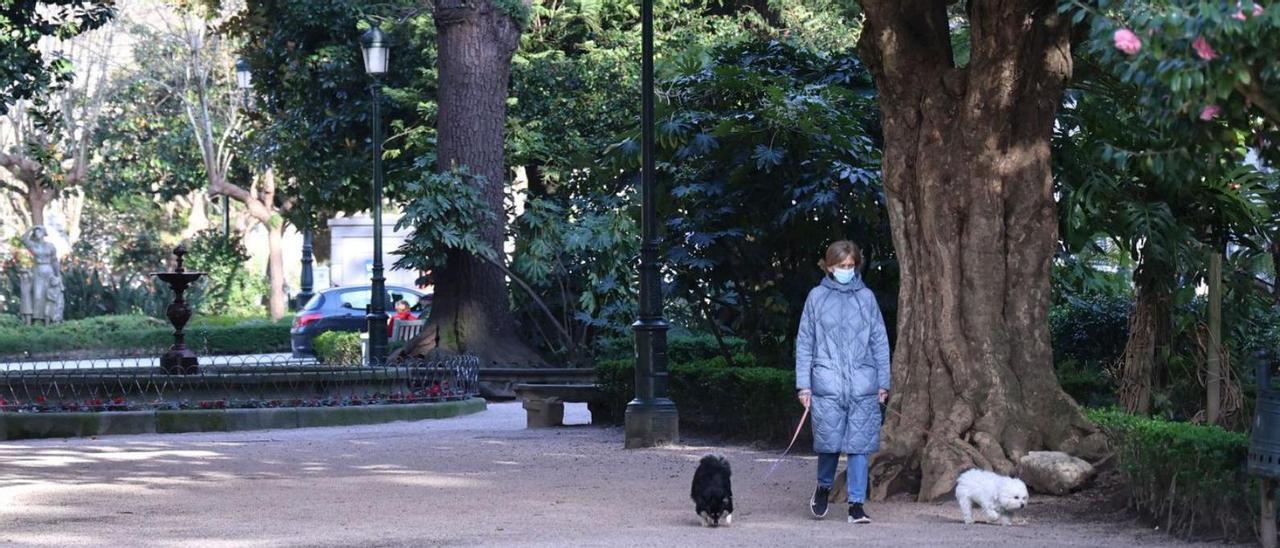 Una mujer paseando por la Alameda de Vigo con mascarilla.