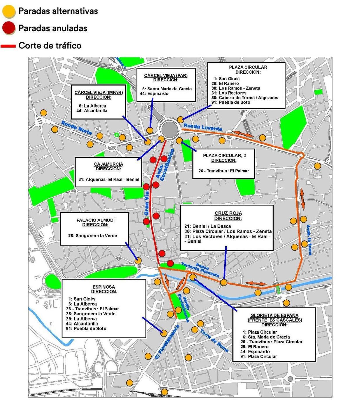 Todas las calles y carreteras cortadas en el mapa.