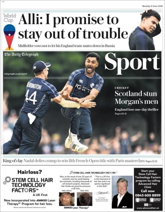 Portada TELEGRAPH SPORT lunes 11 de junio de 2018