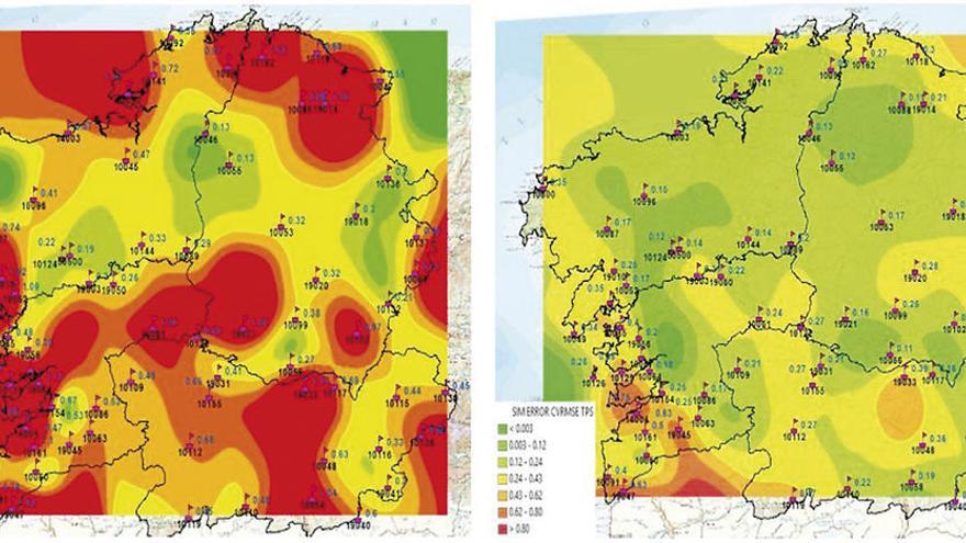 Datos de las 8.760 horas del año  |  El estudio de cada edificio utilizó seis variables meteorológicas -temperatura, presión, radiación global, humedad relativa, velocidad y dirección del viento- a lo largo de las 8.760 horas del año. En el caso de la biblioteca de Ciencias, las técnicas de interpolación redujeron en un 23% el error de los métodos basados en los datos de la estación más cercana. Los mapas evidencian esta reducción,