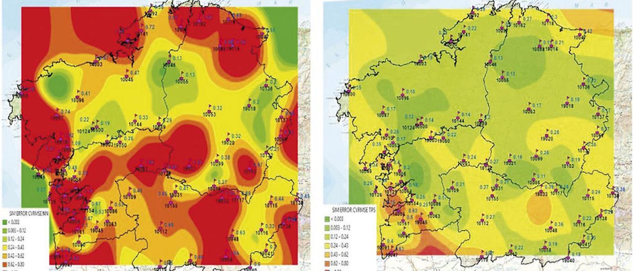 Datos de las 8.760 horas del año  |  El estudio de cada edificio utilizó seis variables meteorológicas -temperatura, presión, radiación global, humedad relativa, velocidad y dirección del viento- a lo largo de las 8.760 horas del año. En el caso de la biblioteca de Ciencias, las técnicas de interpolación redujeron en un 23% el error de los métodos basados en los datos de la estación más cercana. Los mapas evidencian esta reducción,