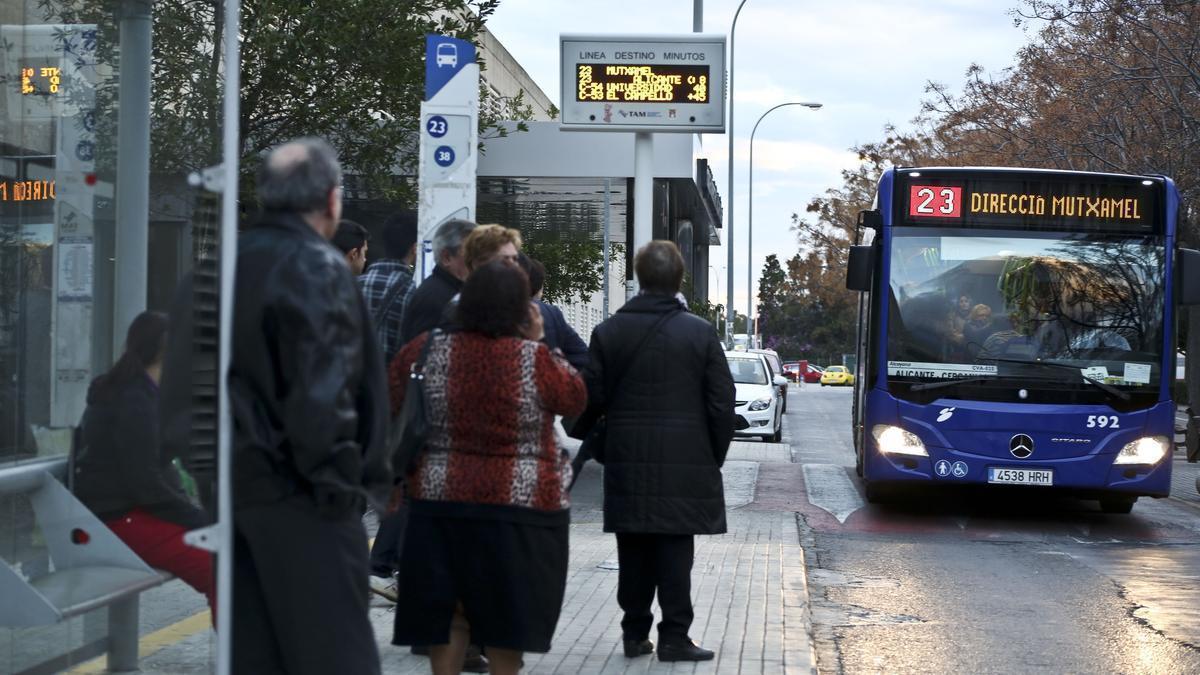 Viajeros esperan el autobús 23 en la parada el Hospital de Sant Joan d'Alacant.