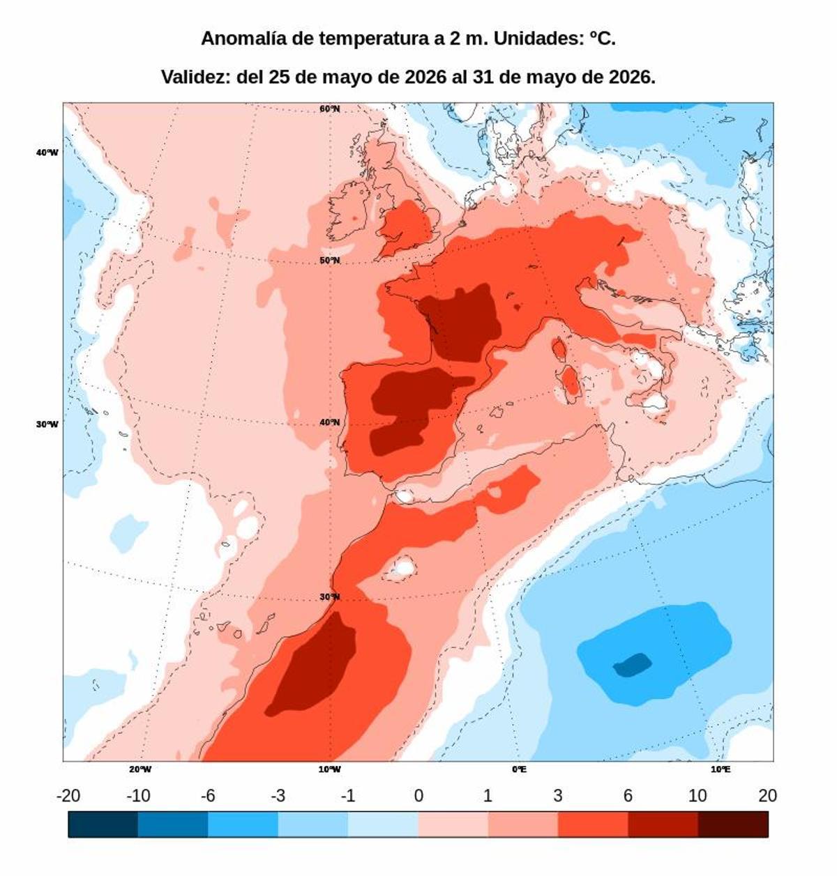 Anomalía de temperatura prevista en el grueso de jornadas de la Feria de Córdoba, según la Aemet.
