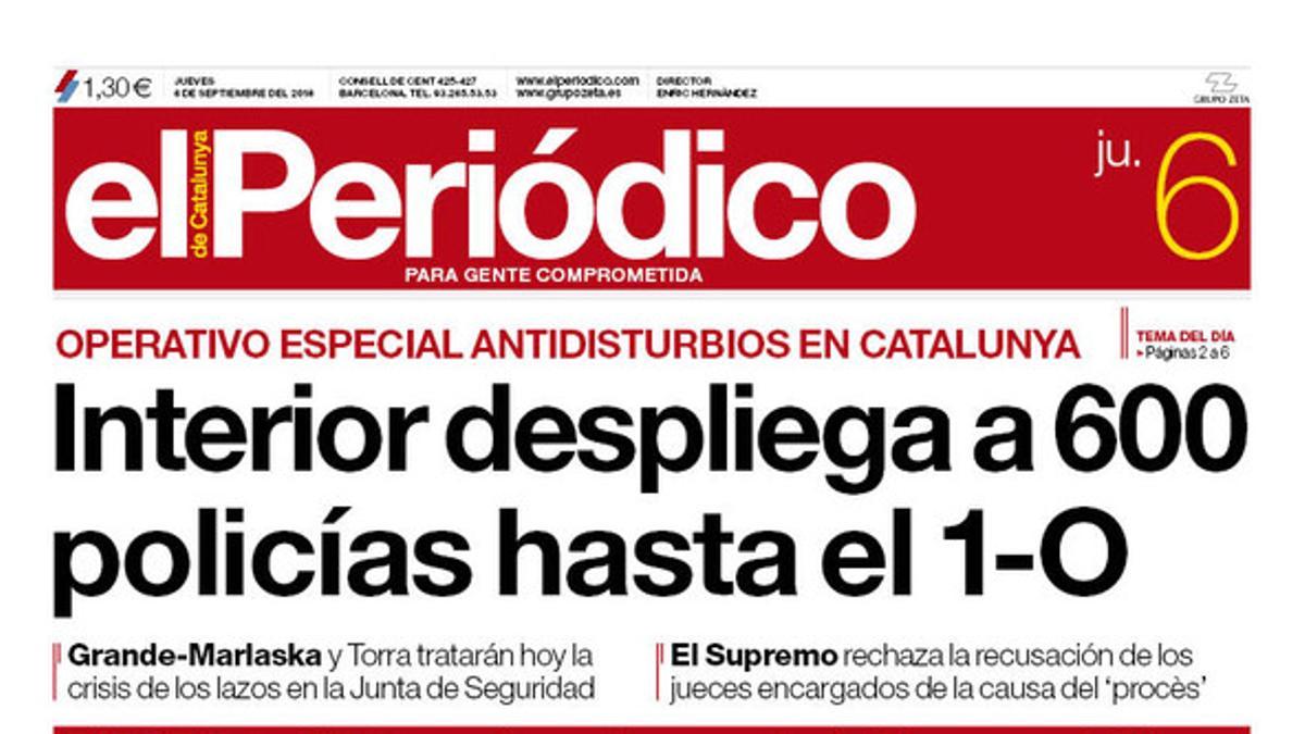 La portada de EL PERIÓDICO DE CATALUNYA del jueves, 6 de septiembre del 2018