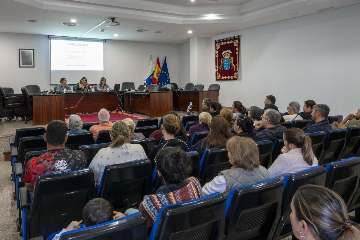 La concejala de Acción Social de Mogán, Tania Alonso, durante la rueda de prensa junto a los padres afectados.