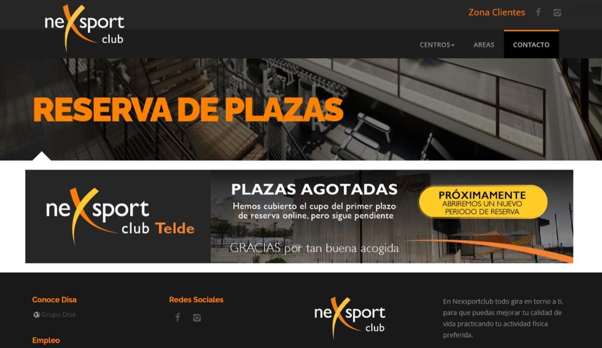 Aviso de 'plazas agotadas' en la web del complejo deportivo