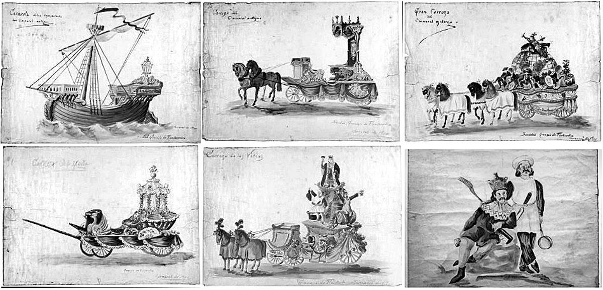 Bocetos de Demetrio Durán Hermida de las carrozas del Entroido conservados en el Museo de Pontevedra.