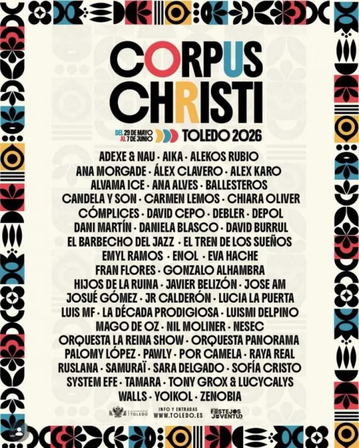 El cartel con todos los artistas que actuarán en los conciertos del Corpus de Toledo 2026