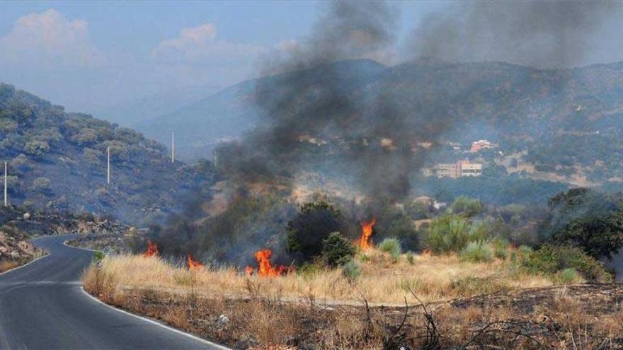 Efectivos del Infoex trabajan en la extinción de un fuego cerca de un grupo de vivienda de Plasencia