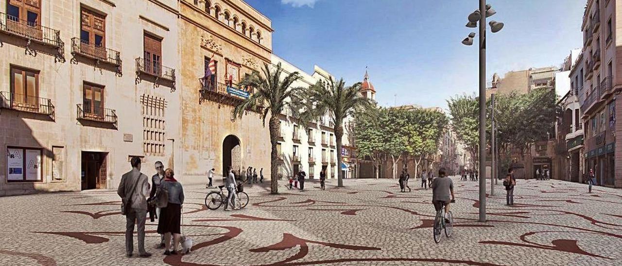 Aspecto que presentará la Plaça Baix, con adoquines en crema y rojo, dibujando motivos iberos, y una nueva iluminación con tres farolas integradas.