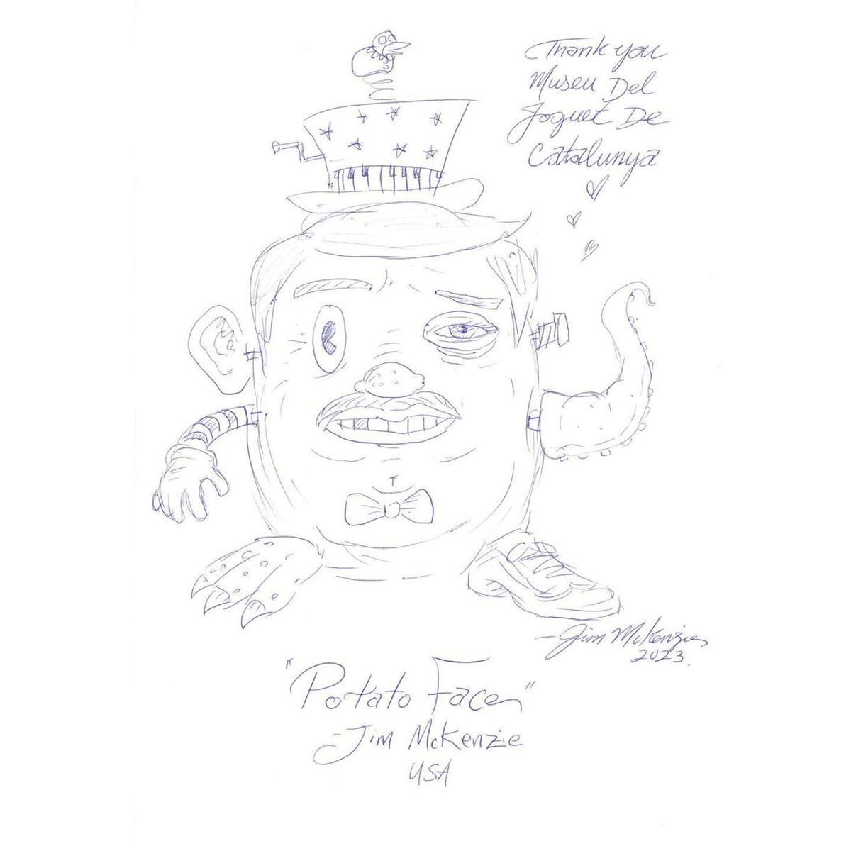 El dibuix fet per Jim McKenzie amb el seu Potato Face al llibre de visites del Museu.