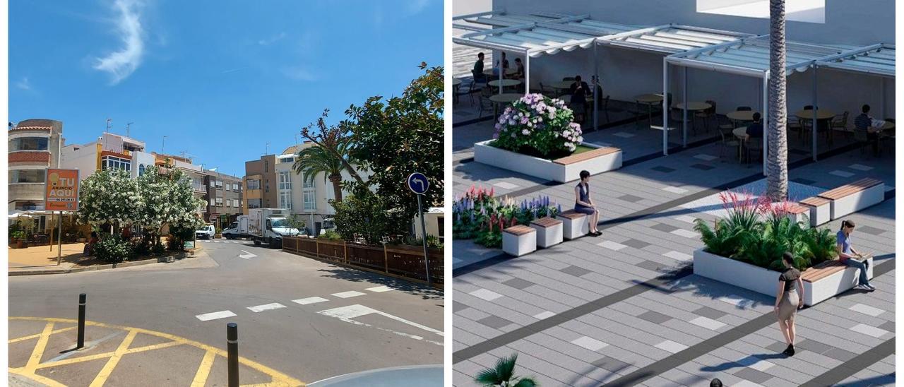 En la imagen izquierda, aspecto actual de la zona de la plaza Constitución de Alcossebre que se pretende remodelar y convertir en una plataforma única sin aceras, como refleja la imagen de la derecha.