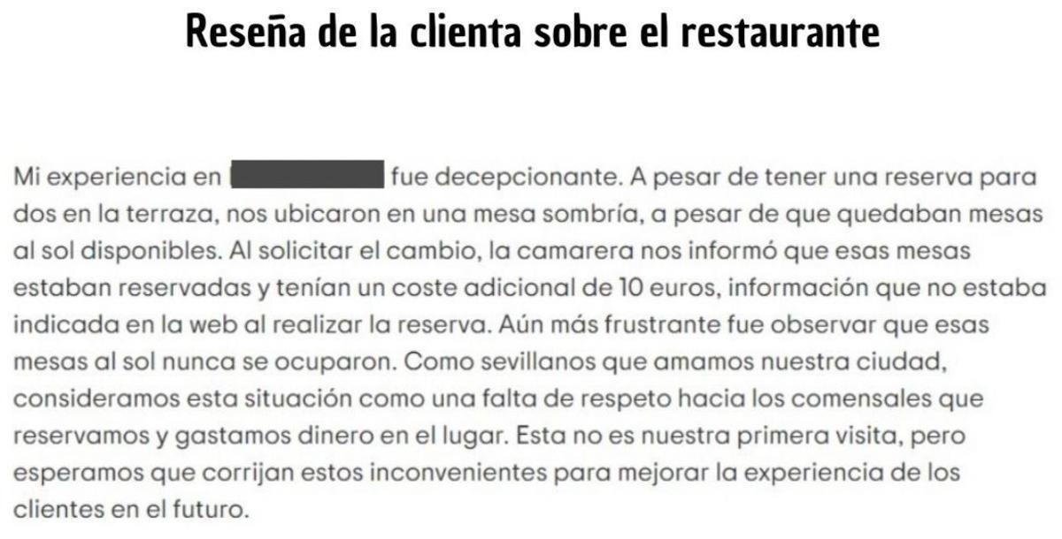 Reseña de la clienta sobre el restaurante.