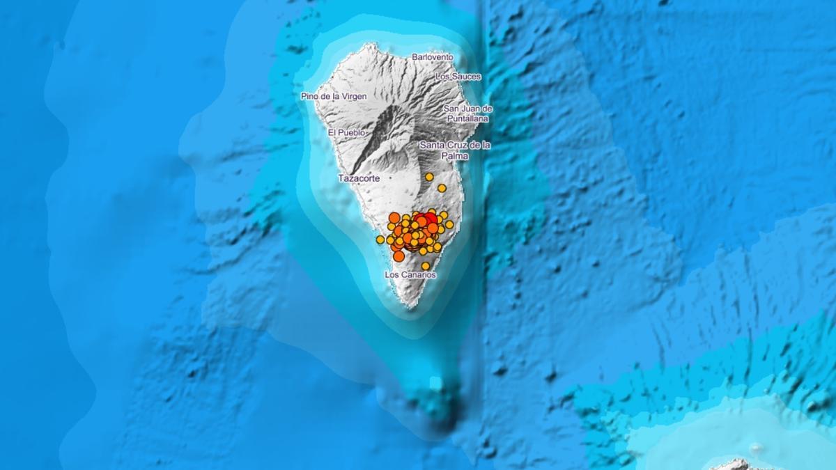 Localización de los terremotos en la isla de La Palma en los últimos 3 días