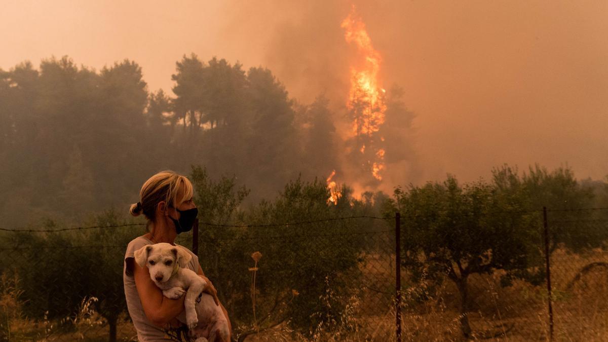 Una mujer con su perro huyendo de los incendios en Grecia.