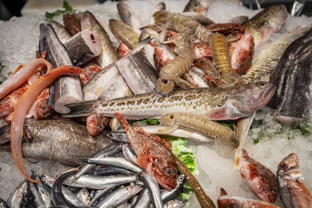Pescado para sopa o morralla en un puesto de mercado de Barcelona.