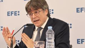 El candidato de Junts, Carles Puigdemont, en la roda de premsa de la agencia EFE en Argelers