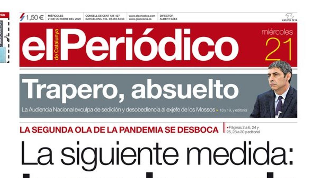 La portada de EL PERIÓDICO del 21 de octubre del 2020.