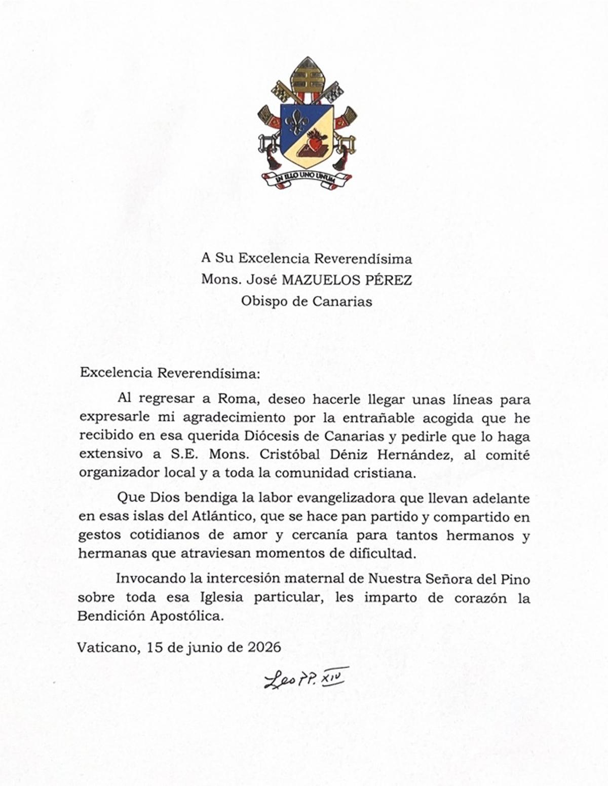 Carta enviada por el papa León XIV a Canarias en agradecimiento por la acogida