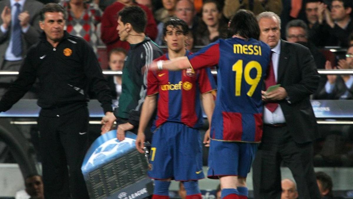 Leo Messi y Carlos Queiroz en la semifinal de la Champions League de 2008 FC Barcelona - Manchester United