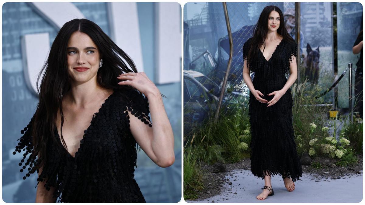 Margaret Qualley, total black con vestido y sandalias sin suela de la última colección Crucero de Chanel, anoche, en el estreno en Londres de La constelación del perro.