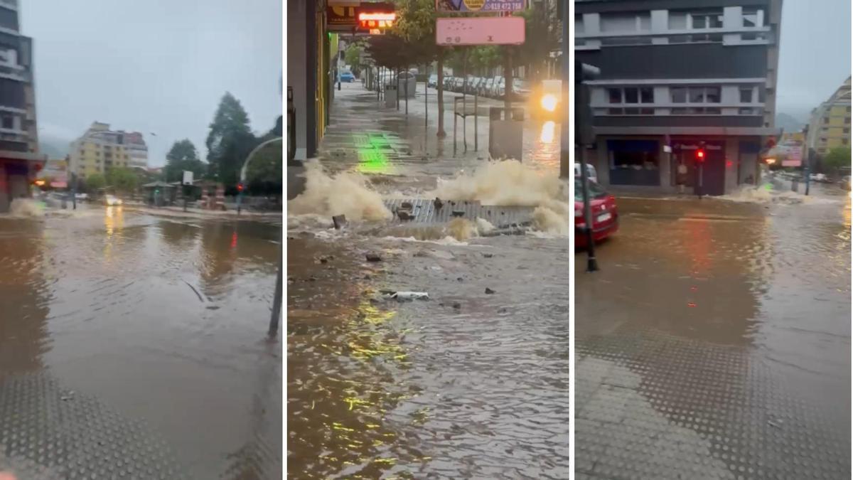VÍDEO: El reventón de una tubería deja sin agua a decenas de vecinos del centro de Mieres