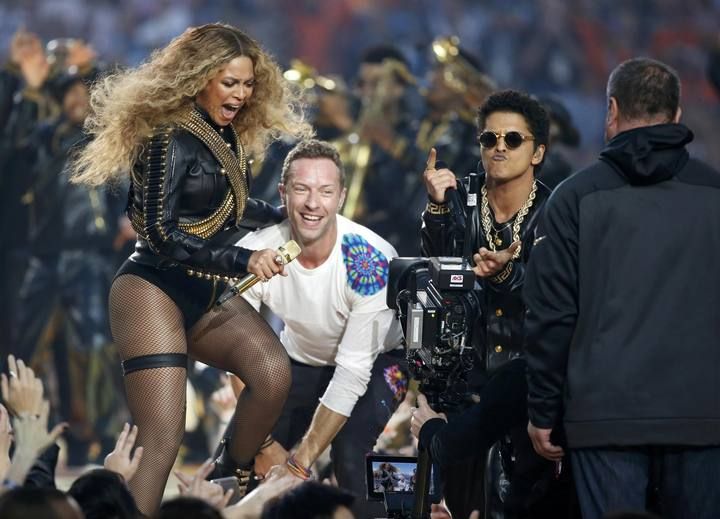 Beyonce, Martin and Mars perform during the half-time show at the NFL's Super Bowl 50 between the Carolina Panthers and the Denver Broncos in Santa Clara