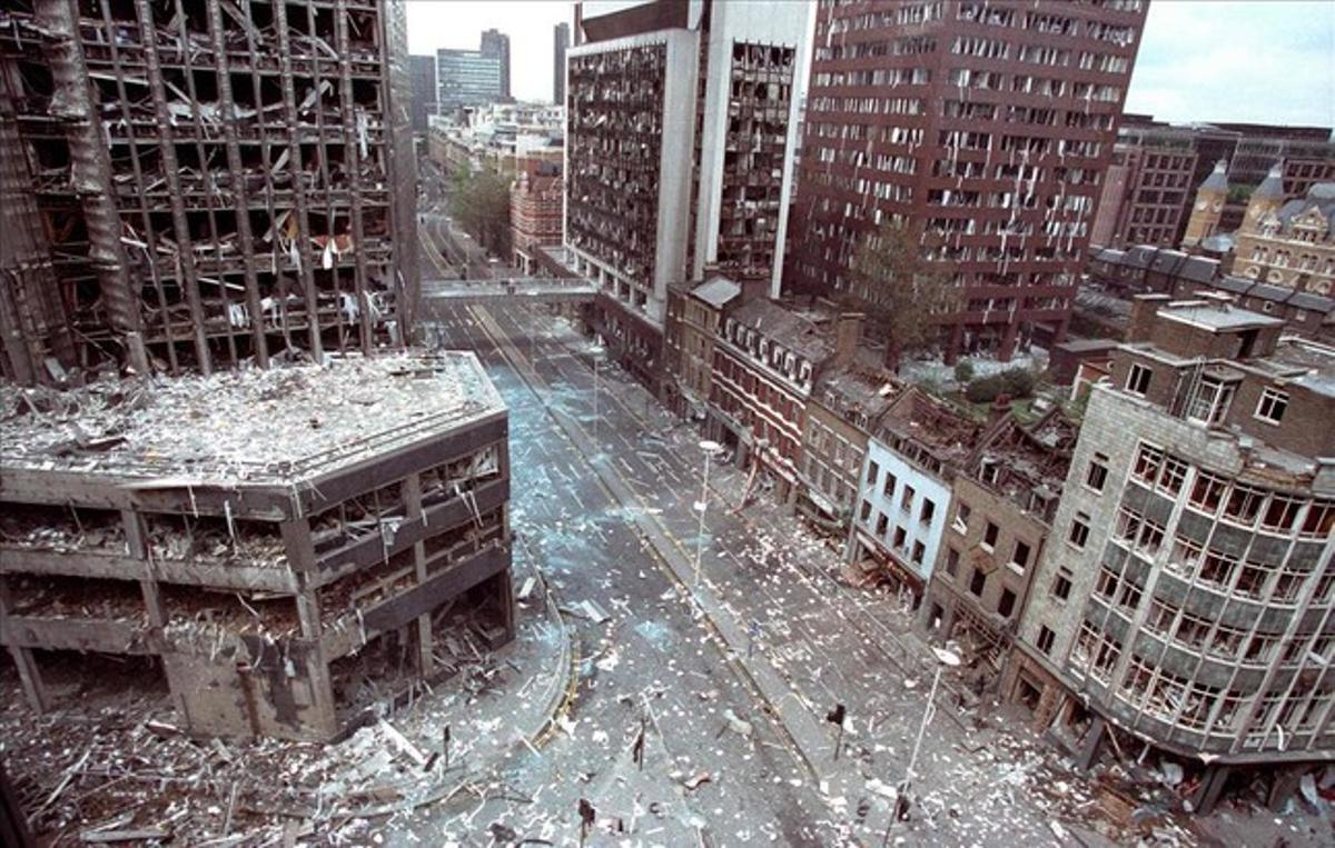 The bomb damaged area of the City of London is seen in this April 24, 1993 file photo after two blasts ripped through the buildings in the area. Dozens of people were injured in the blast caused by IRA bombs.