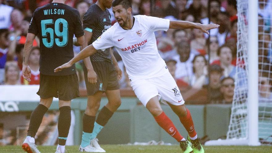 Nolito celebra su gol ante el Liverpool. // CJ Gunther