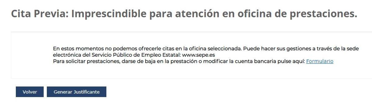 La página web del SEPE sufre incidencias con el sistema de asignación de citas previas.